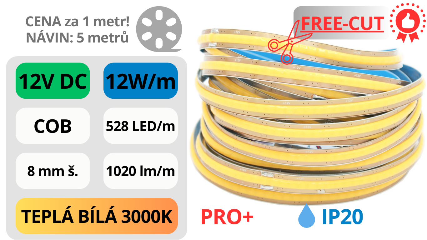LED pásek COB 12V / 528 LED / 12W / 3000K / IP20 / 8mm / PRO+ FREE-CUT